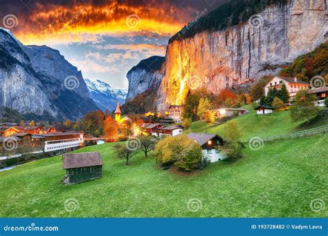 Dramatic Autumn View Of Lauterbrunnen Valley With Gorgeous Staubbach