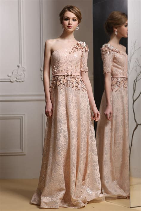 One Shoulder A Line Lace Long Champagne Evening Dress Xhs80039