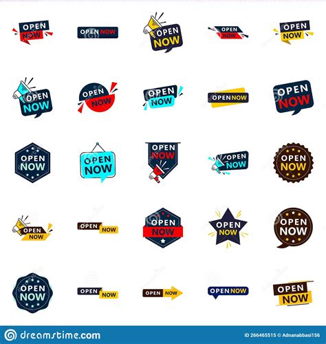 Open Now Pack 25 Different Design Variations Stock Vector