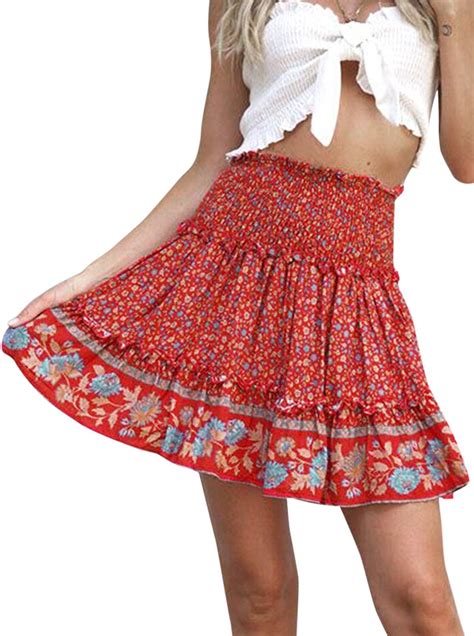 Yxiuexur Womens Boho Floral Mini Skirt Summer High Waisted Flowy