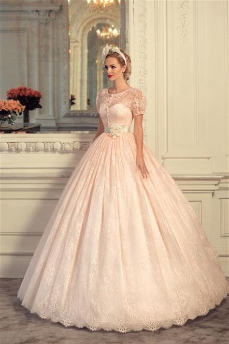 These dresses will perfectly replace the traditional white versions and at the same time retain the femininity and delicacy. Vintage Short Sleeve Pink Lace Ball Gown Princess Wedding ...