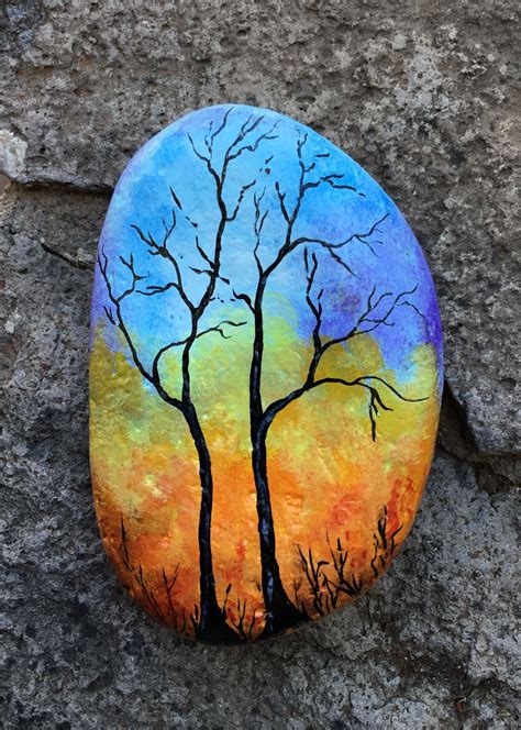 Hand Painted “winter Trees In Sunset” Original Stone Art Pintura En