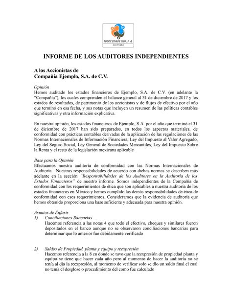 Informe Compañia Ejemplo S Informe De Los Auditores Independientes A