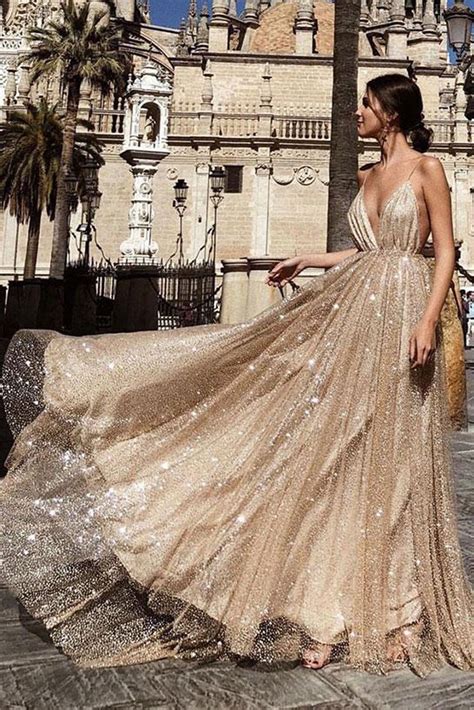 Champagne Sequin V Neck Tulle Long Prom Dress Sequin Evening Dress