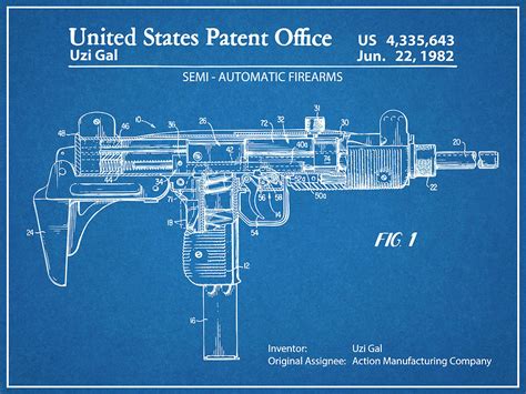 1982 Uzi Submachine Gun Blueprint Patent Print Drawing By Greg Edwards