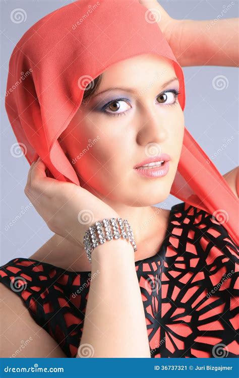 Beautiful Girl In Red Scarf Stock Image Image Of Gorgeous Posing