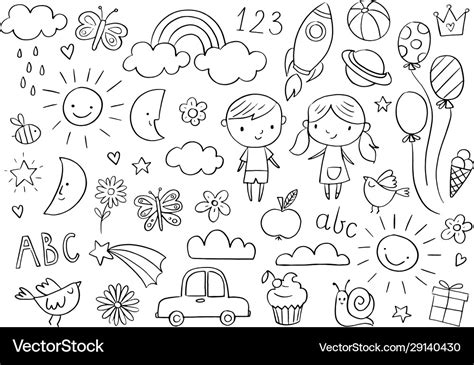 Hand Drawn Kids Doodle Set Drawings Royalty Free Vector