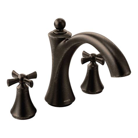 Solid brass construction in stylish oil. MOEN Wynford 2-Handle Deck-Mount Roman Tub Faucet in Oil ...