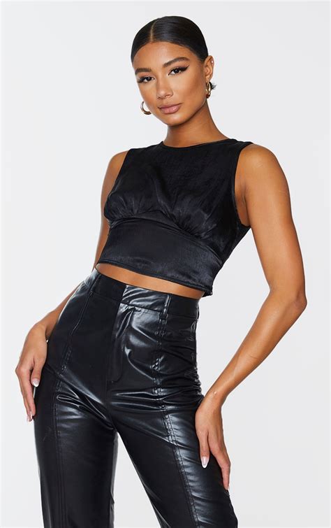 Black Satin Underbust Detail Crop Top Tops Prettylittlething