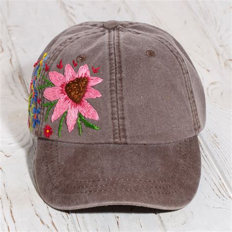 Hand Embroidered Flower Baseball Cap Floral Embroidery Hat For Women Echinacea Stitched Hat