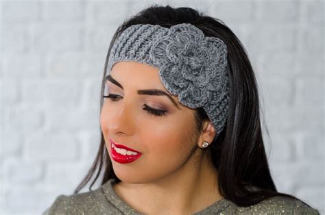 Grey Flower Headband Womens Knit Headband Winter Headband Etsy