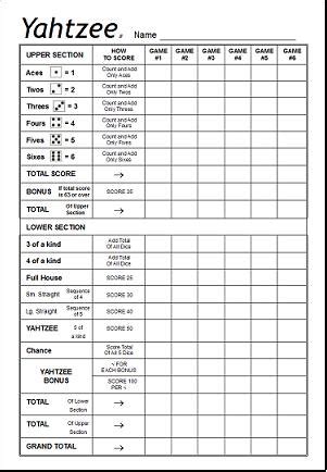 Free Yahtzee Score Sheets