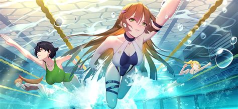 Anime Girls Artwork Digital Art Illustration Underwater Swimming