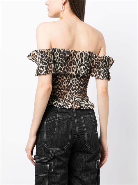Ganni Leopard Print Smocked Off Shoulder Top Farfetch