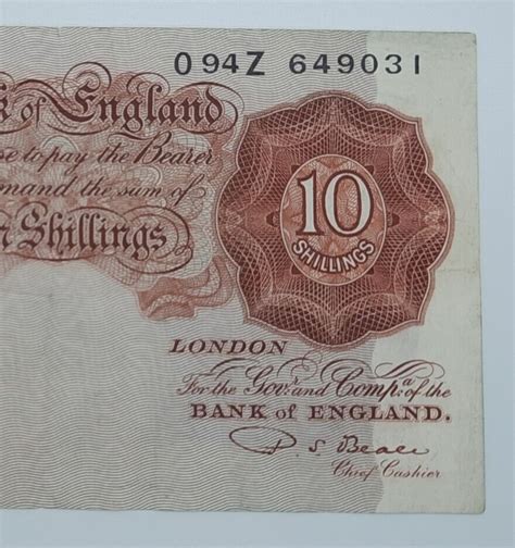 1950 Bank Of England 10 Shillings Banknote Ps Beale Bill No O94z