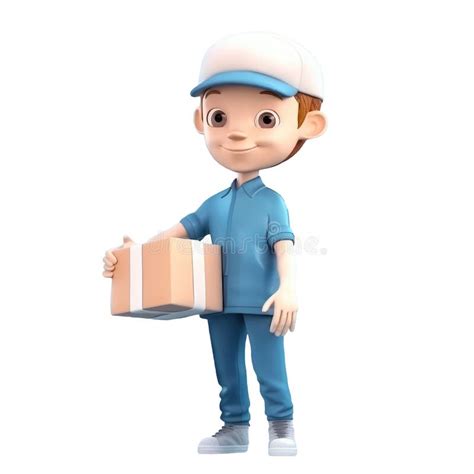 3d Icon Cute Smiling Cartoon Man In Uniform Standing With Parcel