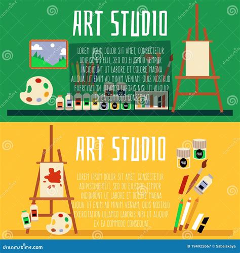 Art Studio Banners Or Flyers Set With Artists Tools Flat Vector