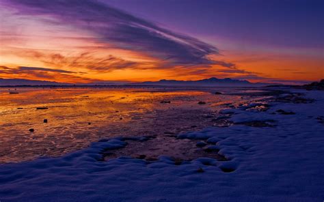 Wallpaper Snow Lake Lakeside Mountains Winter Sunset Red Sky
