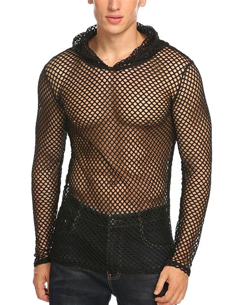Mens Fishnet See Through Long Sleeves Club Wear Mesh Shirt Black