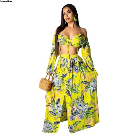 lemon gina women floral print long sleeve off shoulder crop top split maxi skirts suit 2pcs set