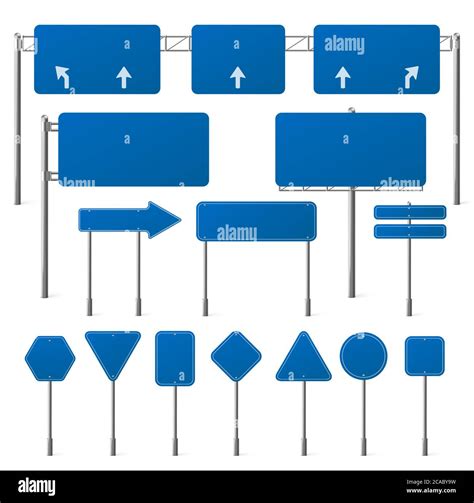 Blue Road Signs Different Shapes On Metal Frame Vector Realistic Set