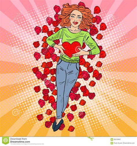 Pop Art Woman In Love With Heart In Rose Petals Stock Vector