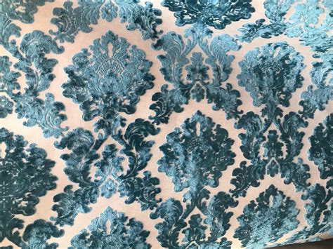 New Designer Damask Burnout Chenille Velvet Fabric Teal Blue Bty