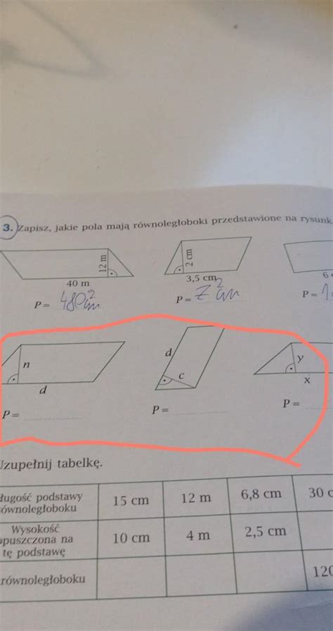 3 Zapisz jakie pola mają równoległoboki przedstawione na rysunkach