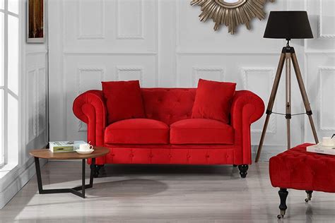 Bright Red Tufted Sofa With Oversized Rolled Arms And Thick Comfortable