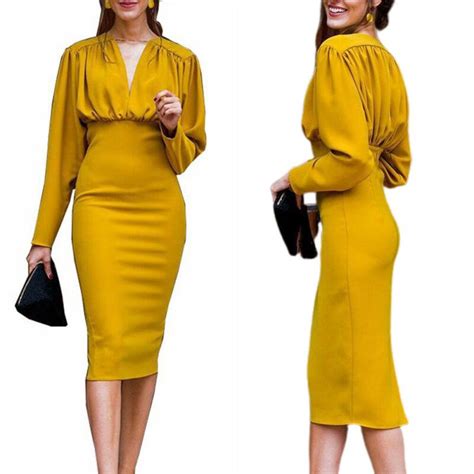 Buy Women Sexy V Neck Party Dress Ladies Long Sleeve Bodycon Evening Ball Gown Cocktail Midi