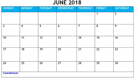 Free June 2018 Calendar Printable Templates Calendarbuzz