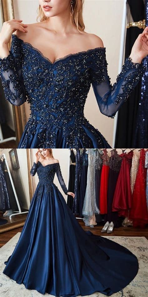 Gorgeous Long Sleeves Off The Shoulder Beading Navy Blue Prom Dress