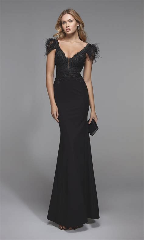 Formal Dress 27543 Long Feather Dress Plunging Neckline Fit N Flare