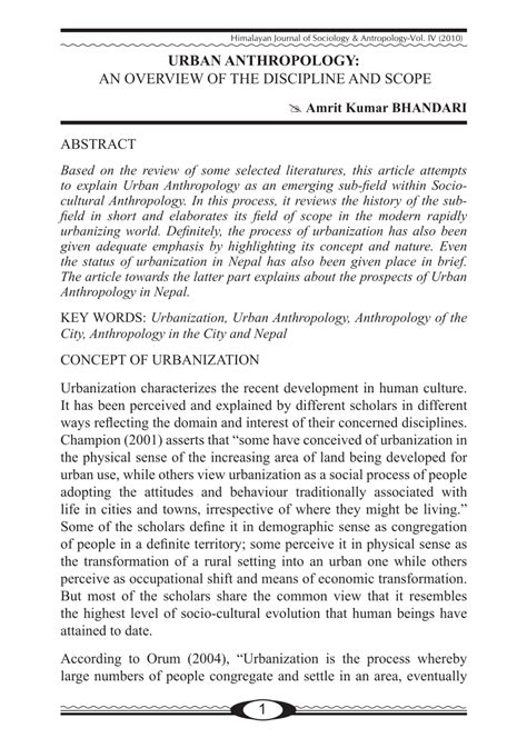 Pdf Urban Anthropology An Overview Of The Discipline And Scope