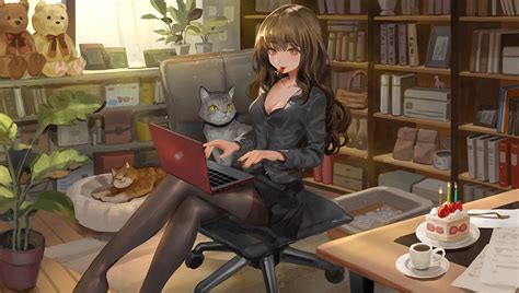 download sexy goth anime girl typing on laptop wallpaper