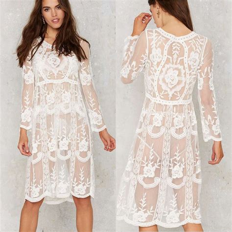 White Women Beach Dress Sexy Strap Sheer Floral Lace Embroidered