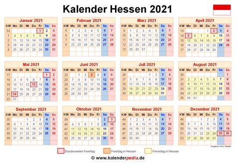 Hier finden sie den kalender 2021 mit nationalen und anderen feiertagen für deutschland. Kalender 2021 Hessen: Ferien, Feiertage, Excel-Vorlagen