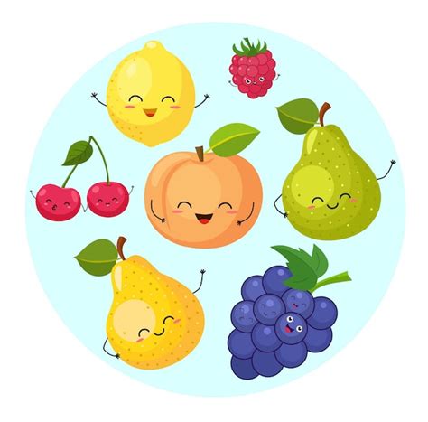 Collection De Fruits Drôles De Dessin Animé Illustration Vecteur