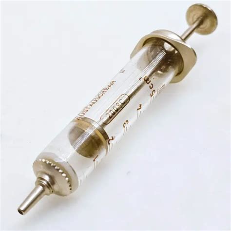 Vintage Medical Instrument Glass Metal Syringe With Needle 1950s