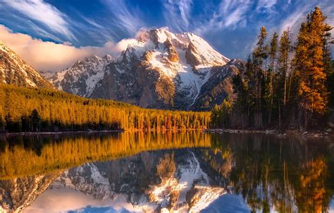 Wallpaper Forest The Sky Clouds Snow Trees Sunset Mountains Lake