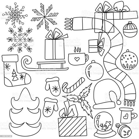 Set Of Christmas Outline Doodle Attributes Festive Winter Details