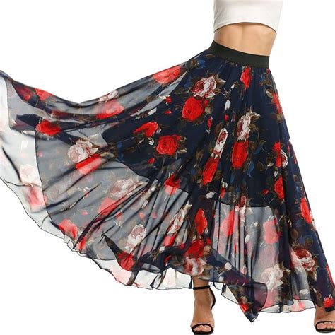 Meaneor Womens Casual Contrast Polka Dot Print Chiffon Maxi Skirts At Amazon Womens Clothing