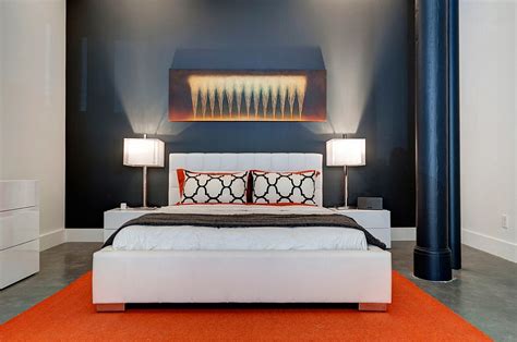Black and white bedroom with hermes orange accents. Orange and Black Interiors: Living Rooms, Bedrooms and ...