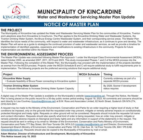 Notice Of Master Plan Municipality Of Kincardine Kincardine On