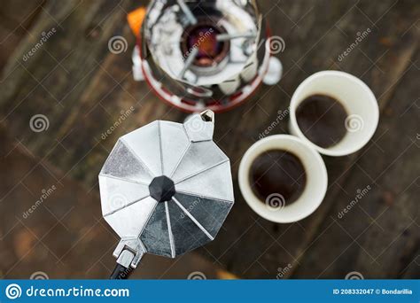 Process Of Making Camping Coffee Outdoor With Metal Geyser Coffee Maker