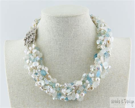 Multi Strand Pearl And Moonstone Necklace With Aquamarine Etsy Pearl