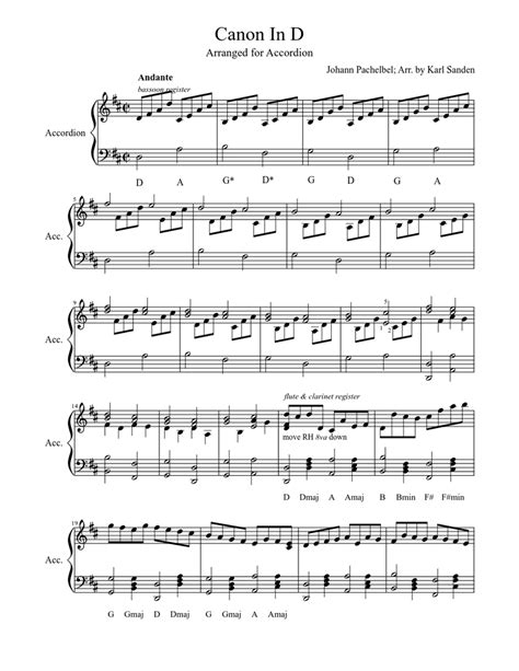 Canon In D Pachelbel Arranged For Accordion Sheet Music For