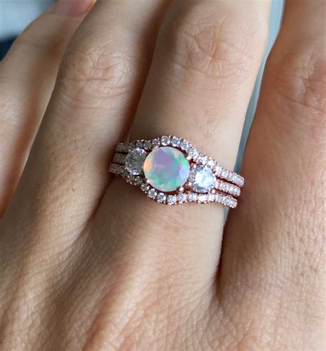 Opal Engagement 3 Vintage Ring Set Round Opal Bridal Ring Deco Set Three Stone Anniversary