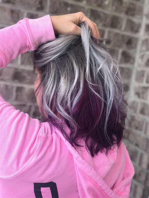 Icy Blonde With Silver And Dark Shadow Roots With Purple Peekaboo