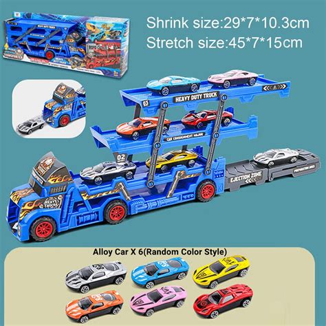 Transport Car Carrier Truck Toy With 6 Mini Alloy Cars Retractable 3